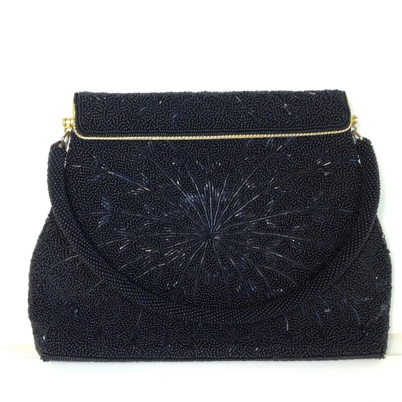 Vintage Black Beautifully Beaded Evening Handbag Gold Trim - Picture 2 of 12